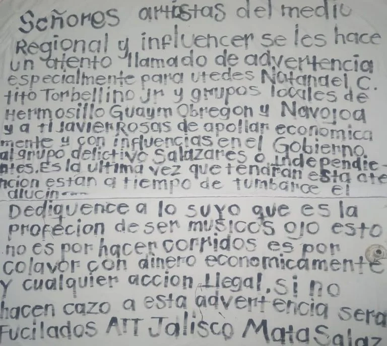 AMENAZAN EN NARCOMANTA A CANTANTES SONORENSES CON SER “FUSILADOS”