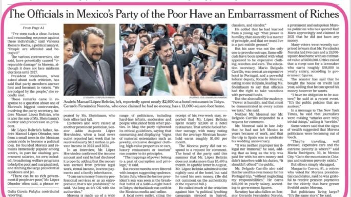 Llega a primera plana del NYT los “lujos” morenistas