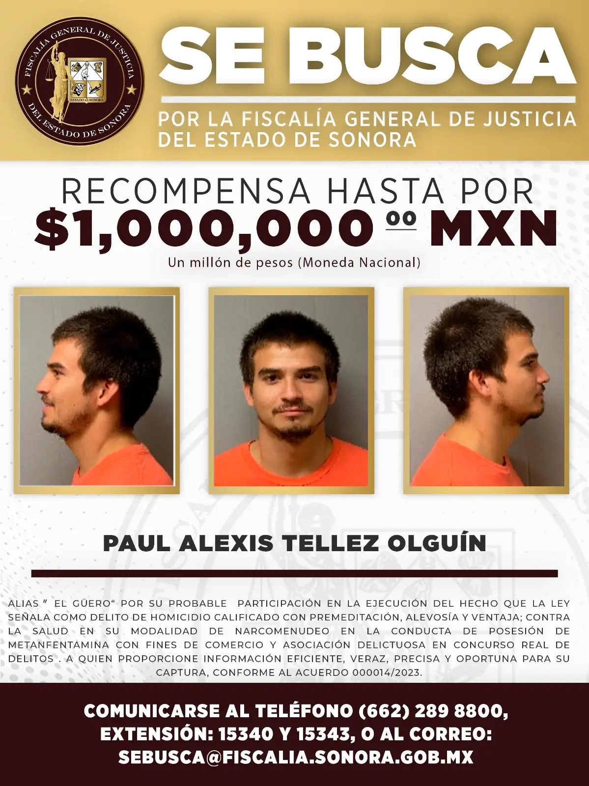 OFRECEN RECOMPENSA POR INFORMES PARA RECAPTURA DE TRES FUGADOS DEL CERESO DE HERMOSILLO